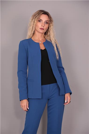 Oval Yaka Yandan Kuplu Klasik Ceket-İndigo