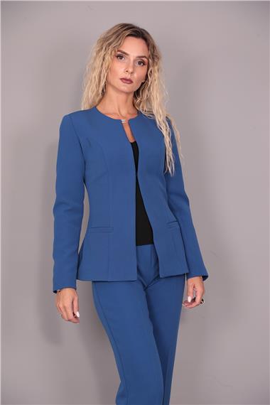 Oval Yaka Yandan Kuplu Klasik Ceket-İndigo
