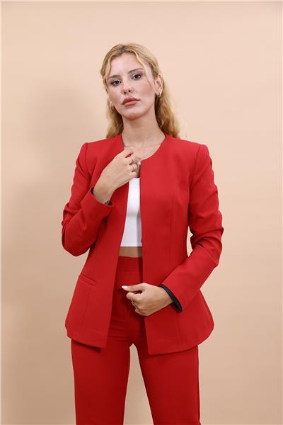 Oval Yaka Yandan Kuplu Klasik Ceket-Kırmızı