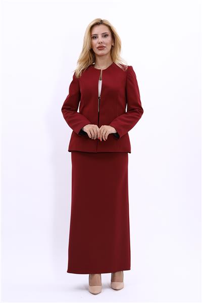 Oval Yaka Yandan Kuplu Klasik Ceket & Uzun Düz Dar Etek-Bordo
