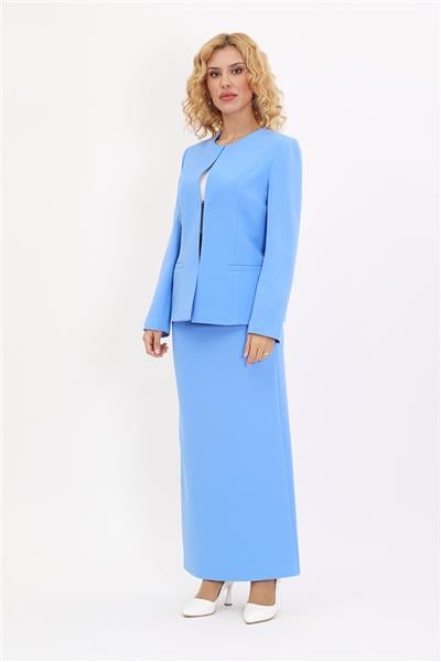 Oval Yaka Yandan Kuplu Klasik Ceket & Uzun Düz Dar Etek-Gökyüzü