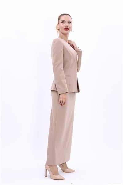Oval Yaka Yandan Kuplu Klasik Ceket & Uzun Düz Dar Etek-Taş