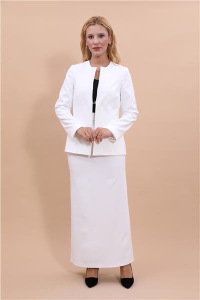 Oval Yaka Yandan Kuplu Klasik Ceket & Uzun Düz Dar Etek-Beyaz