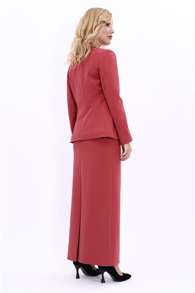 Oval Yaka Yandan Kuplu Klasik Ceket & Uzun Düz Dar Etek-Kiremit
