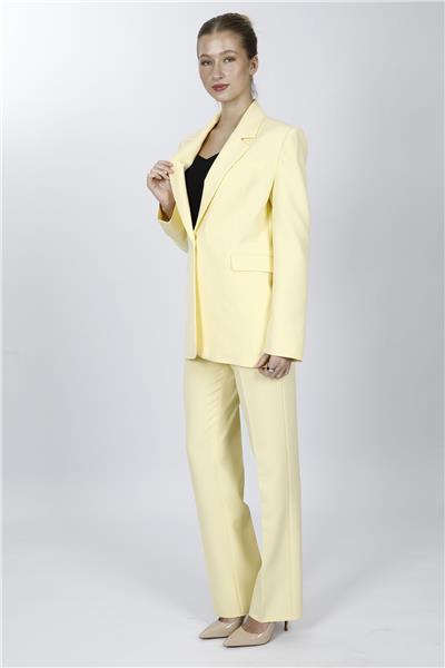 Oversize Tek Düğme Klasik Ceket & Cepli Boru Paça Pantolon Kadın Takım Elbise-Sarı