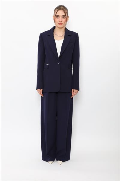 Oversize Tek Düğme Klasik Ceket & Cepli Klasik Palazzo Kadın Pantolon-Lacivert