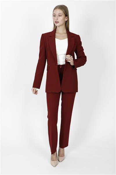 Oversize Tek Düğme Klasik Ceket & Cepli Boru Paça Pantolon Kadın Takım Elbise-Bordo