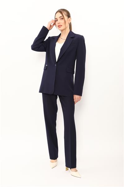Oversize Tek Düğme Klasik Ceket & Cepli Boru Paça Pantolon Kadın Takım Elbise-Lacivert