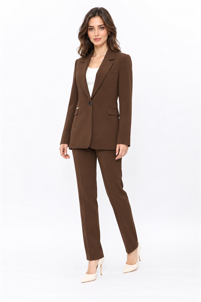Oversize Tek Düğme Klasik Ceket & Cepli Boru Paça Pantolon Kadın Takım Elbise-Kestane - 1197505