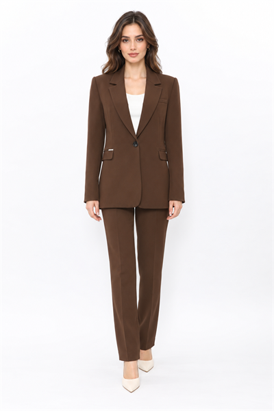 Oversize Tek Düğme Klasik Ceket & Cepli Boru Paça Pantolon Kadın Takım Elbise-Kestane - 1197505