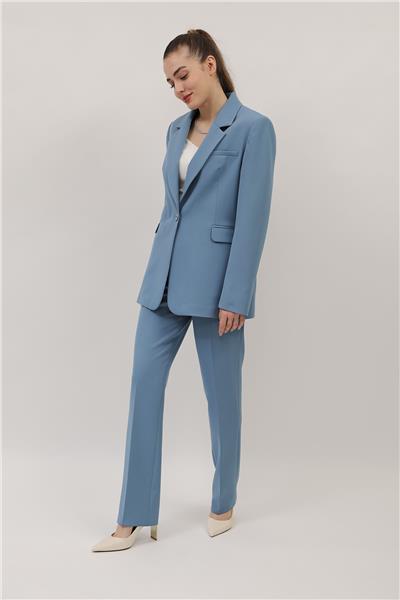 Oversize Tek Düğme Klasik Ceket & Cepli Boru Paça Pantolon Kadın Takım Elbise-Deniz