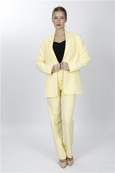 Oversize Tek Düğme Klasik Ceket & Cepli Boru Paça Pantolon Kadın Takım Elbise-Sarı