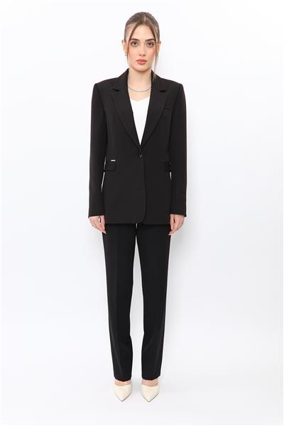 Oversize Tek Düğme Klasik Ceket & Cepli Boru Paça Pantolon Kadın Takım Elbise-Siyah