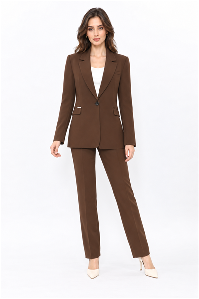Oversize Tek Düğme Klasik Ceket & Cepli Boru Paça Pantolon Kadın Takım Elbise-Kestane - 1197505
