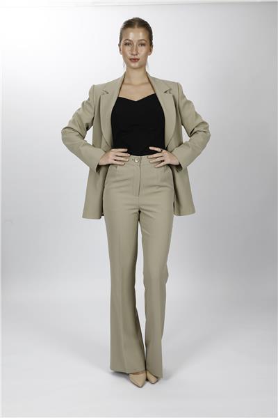 Oversize Tek Düğme Klasik Ceket & Cepli İspanyol Paça Pantolon Kadın Takım Elbise-Bambu