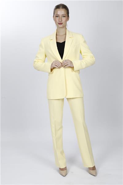 Oversize Tek Düğme Klasik Ceket & Cepli Boru Paça Pantolon Kadın Takım Elbise-Sarı