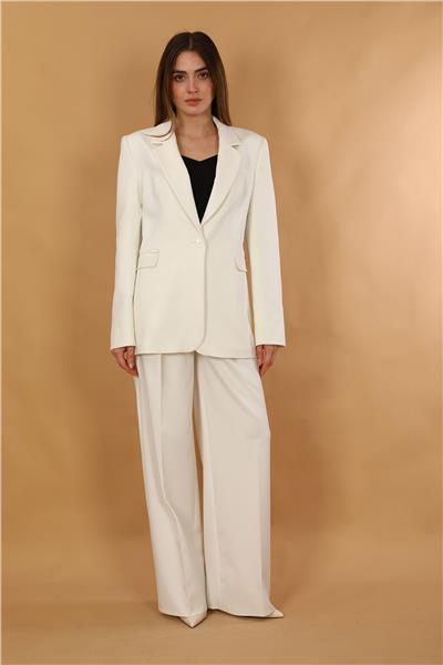 Oversize Tek Düğme Klasik Ceket & Cepli Klasik Palazzo Kadın Pantolon-Beyaz