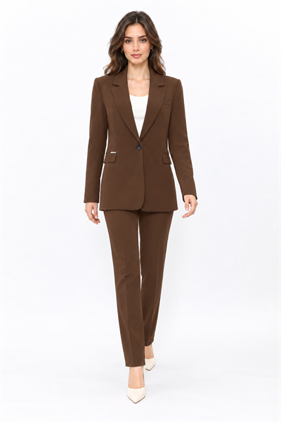 Oversize Tek Düğme Klasik Ceket & Cepli Boru Paça Pantolon Kadın Takım Elbise-Kestane - 1197505