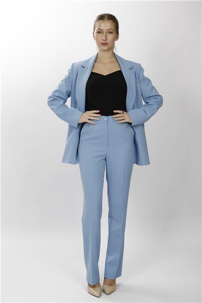 Oversize Tek Düğme Klasik Ceket & Cepli Boru Paça Pantolon Kadın Takım Elbise-Gökyüzü