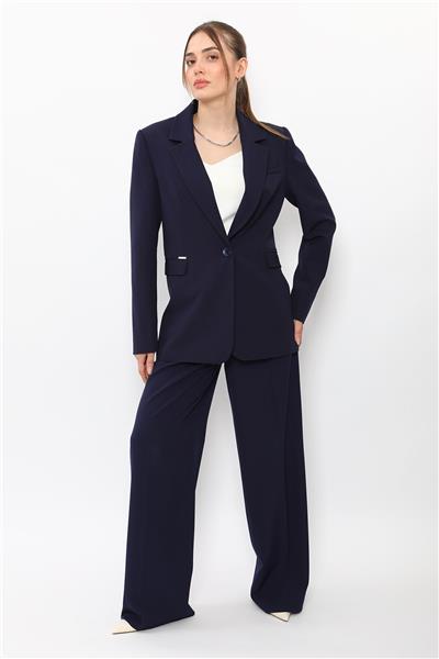 Oversize Tek Düğme Klasik Ceket & Cepli Klasik Palazzo Kadın Pantolon-Lacivert