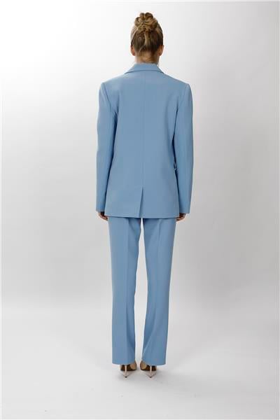Oversize Tek Düğme Klasik Ceket & Cepli Boru Paça Pantolon Kadın Takım Elbise-Gökyüzü