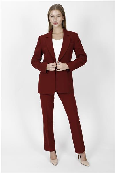 Oversize Tek Düğme Klasik Ceket & Cepli Boru Paça Pantolon Kadın Takım Elbise-Bordo