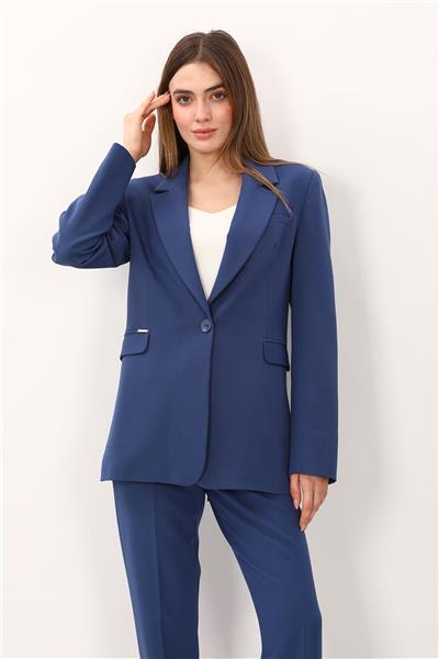 Oversize Tek Düğme Klasik Kadın Ceket-İndigo
