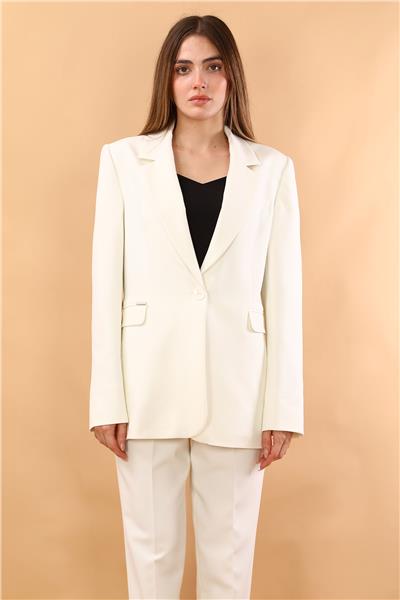 Oversize Tek Düğme Klasik Kadın Ceket-Beyaz