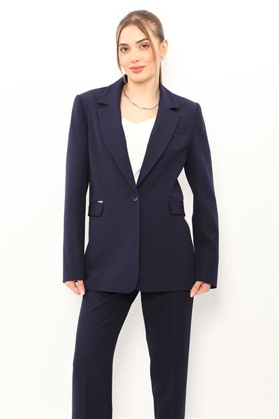 Oversize Tek Düğme Klasik Kadın Ceket-Lacivert
