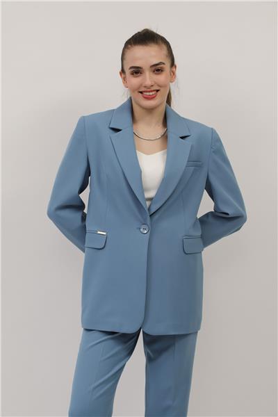 Oversize Tek Düğme Klasik Kadın Ceket-Deniz
