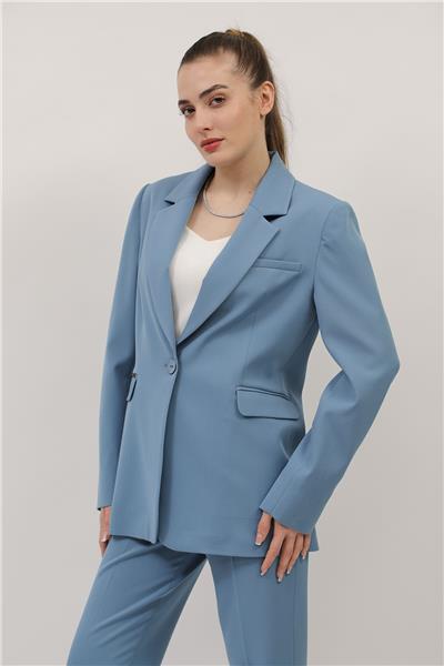 Oversize Tek Düğme Klasik Kadın Ceket-Deniz