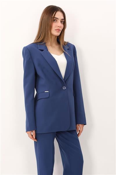 Oversize Tek Düğme Klasik Kadın Ceket-İndigo