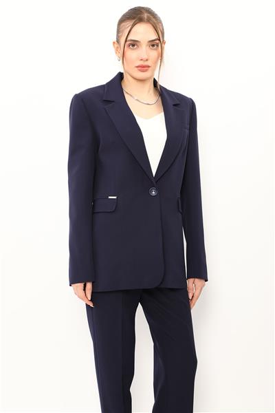 Oversize Tek Düğme Klasik Kadın Ceket-Lacivert