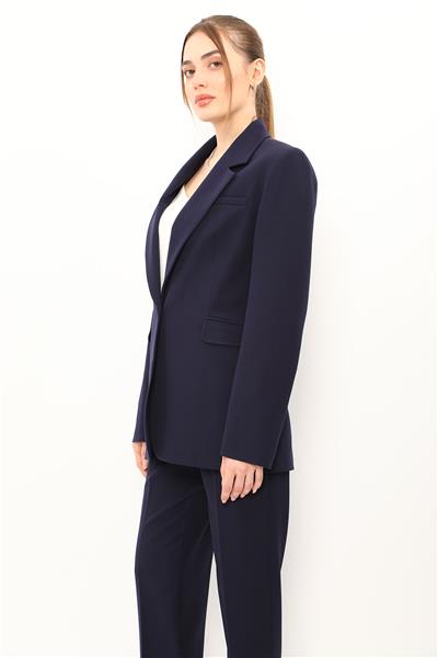 Oversize Tek Düğme Klasik Kadın Ceket-Lacivert