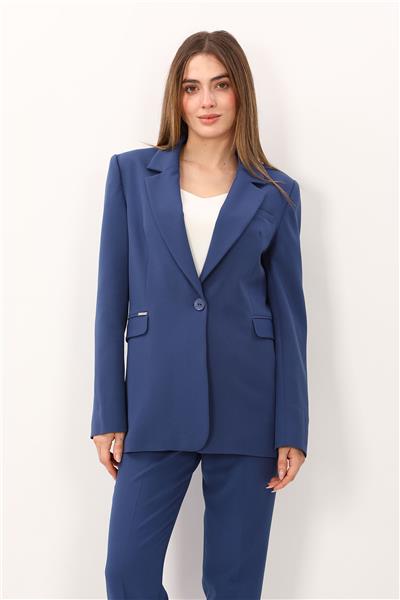 Oversize Tek Düğme Klasik Kadın Ceket-İndigo