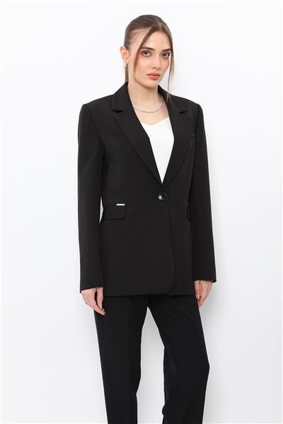Oversize Tek Düğme Klasik Kadın Ceket-Siyah