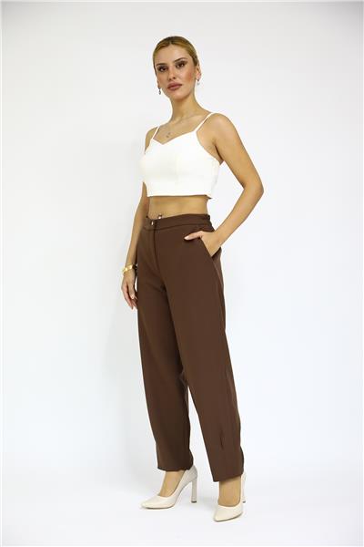 Paçası Pileli Pantolon-Kestane