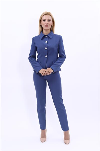 Peplum Ceket & Boru Paça Pantolon Takım-İndigo