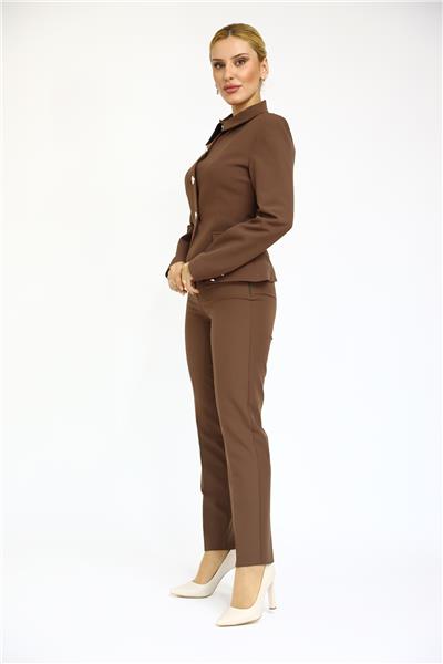 Peplum Ceket & Boru Paça Pantolon Takım-Kestane