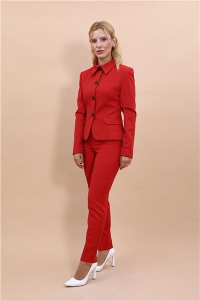 Peplum Ceket & Boru Paça Pantolon Takım-Kırmızı
