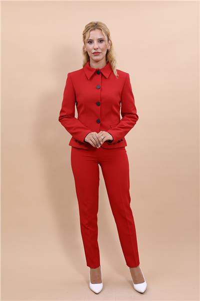 Peplum Ceket & Boru Paça Pantolon Takım-Kırmızı