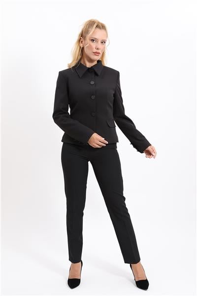 Peplum Ceket & Boru Paça Pantolon Takım-Siyah