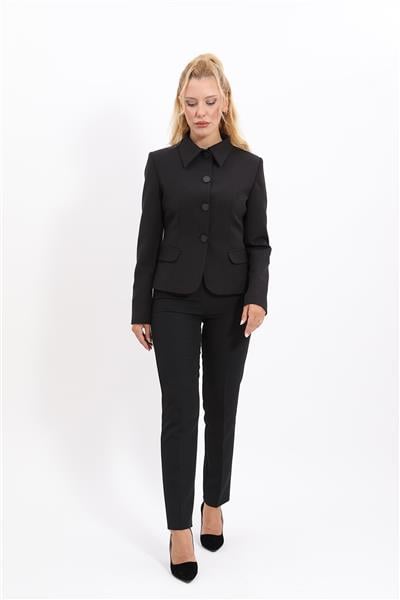 Peplum Ceket & Boru Paça Pantolon Takım-Siyah