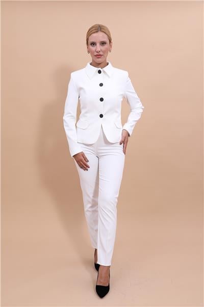 Peplum Ceket & Boru Paça Pantolon Takım-Beyaz