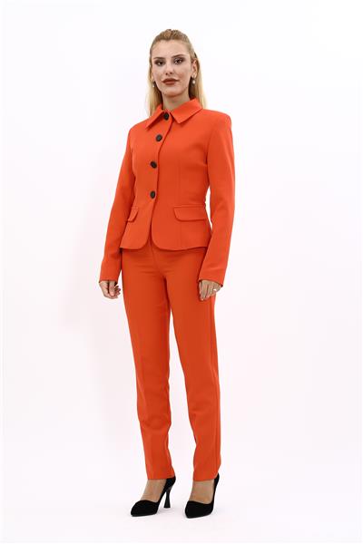 Peplum Ceket & Boru Paça Pantolon Takım-Turuncu