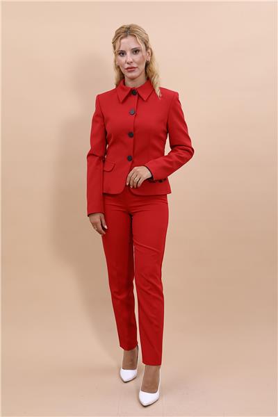 Peplum Ceket & Boru Paça Pantolon Takım-Kırmızı