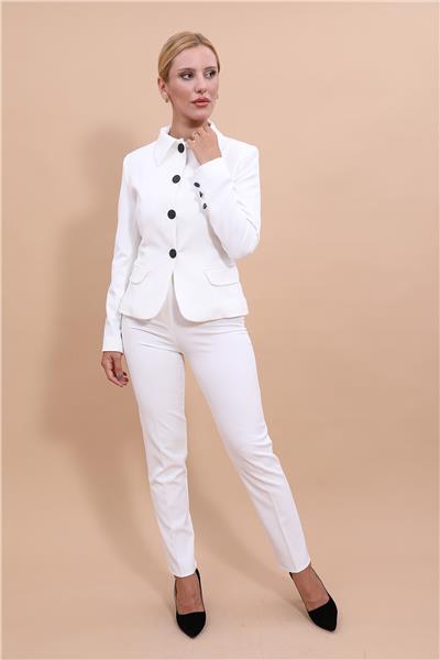 Peplum Ceket & Boru Paça Pantolon Takım-Beyaz
