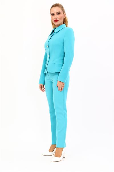 Peplum Ceket & Boru Paça Pantolon Takım-Turkuaz