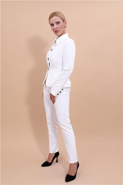 Peplum Ceket & Boru Paça Pantolon Takım-Beyaz