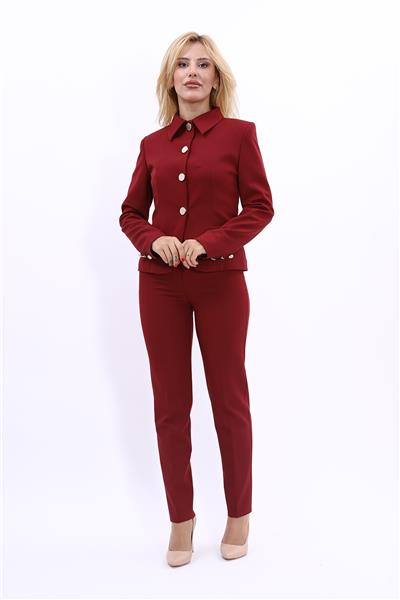 Peplum Ceket & Boru Paça Pantolon Takım-Bordo